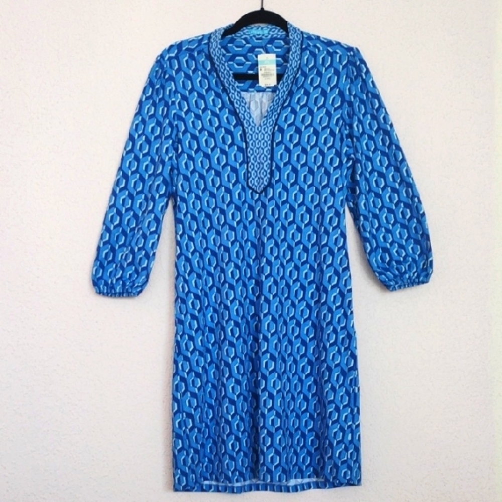 J. McLaughlin 💥NWT💥 Stylish Emer dress. Navy/Light Blue Midi HexaPop Geo. Sz M